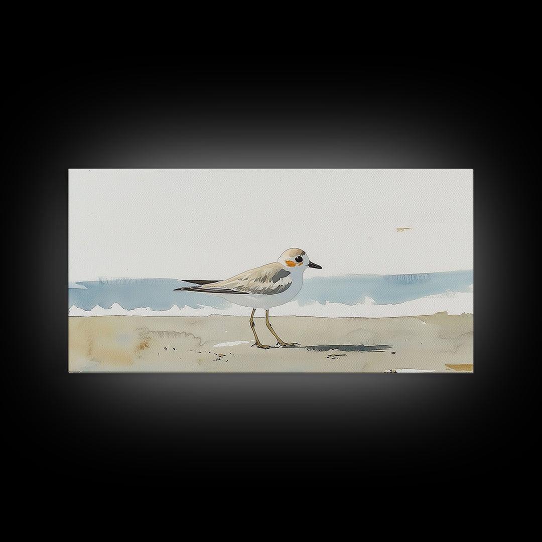 Tiny Snowy Plover Beside Gentle Surf Canvas Print, Watercolor Bird Art, Coastal Wall Art, Beach House Decor, Nature Print