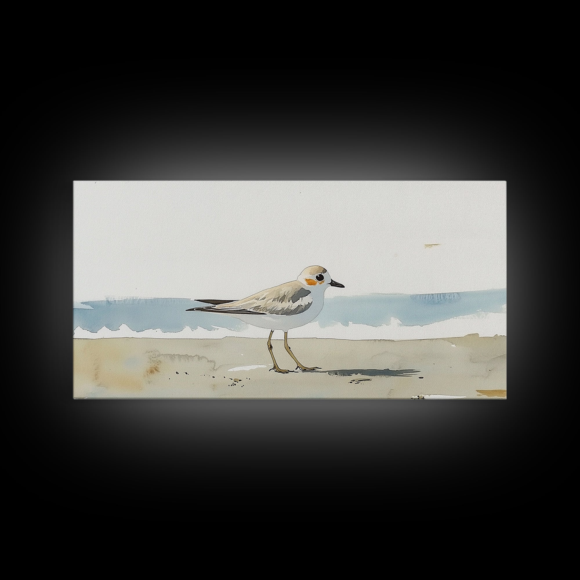 Tiny Snowy Plover Beside Gentle Surf Canvas Print, Watercolor Bird Art, Coastal Wall Art, Beach House Decor, Nature Print