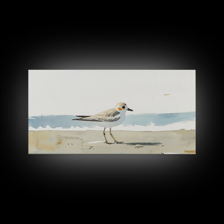 Tiny Snowy Plover Beside Gentle Surf Canvas Print, Watercolor Bird Art, Coastal Wall Art, Beach House Decor, Nature Print