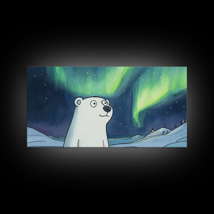 Whimsical Polar Bear Under Northern Lights Wall Art, Arctic Nursery Decor, Aurora Animal Print, Kids Room Canvas Gift, Home Decor