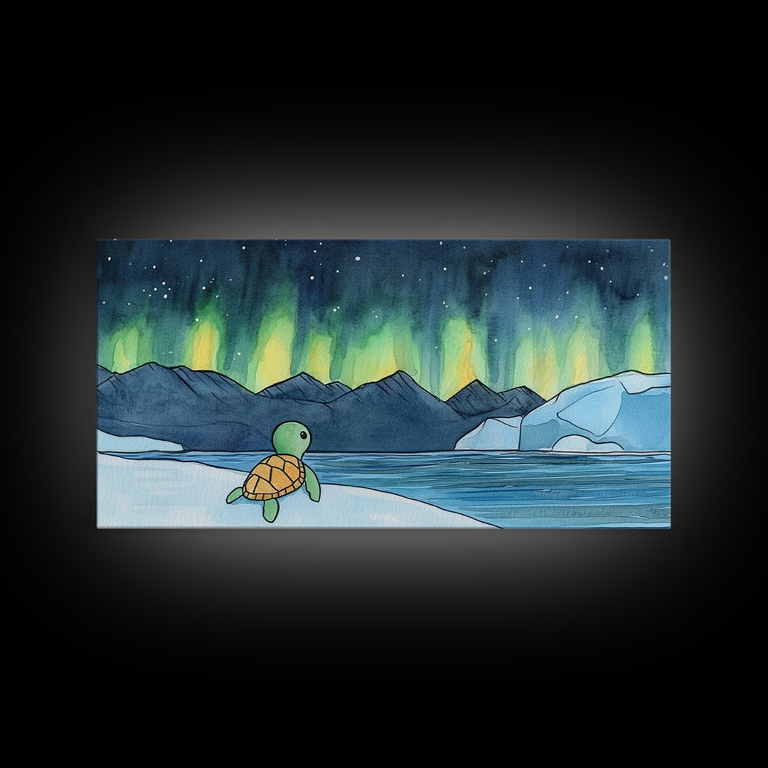 Baby Sea Turtle Watching Aurora Wall Art, Northern Lights Landscape, Arctic Ocean Nursery Decor, Whimsical Kids Room Print