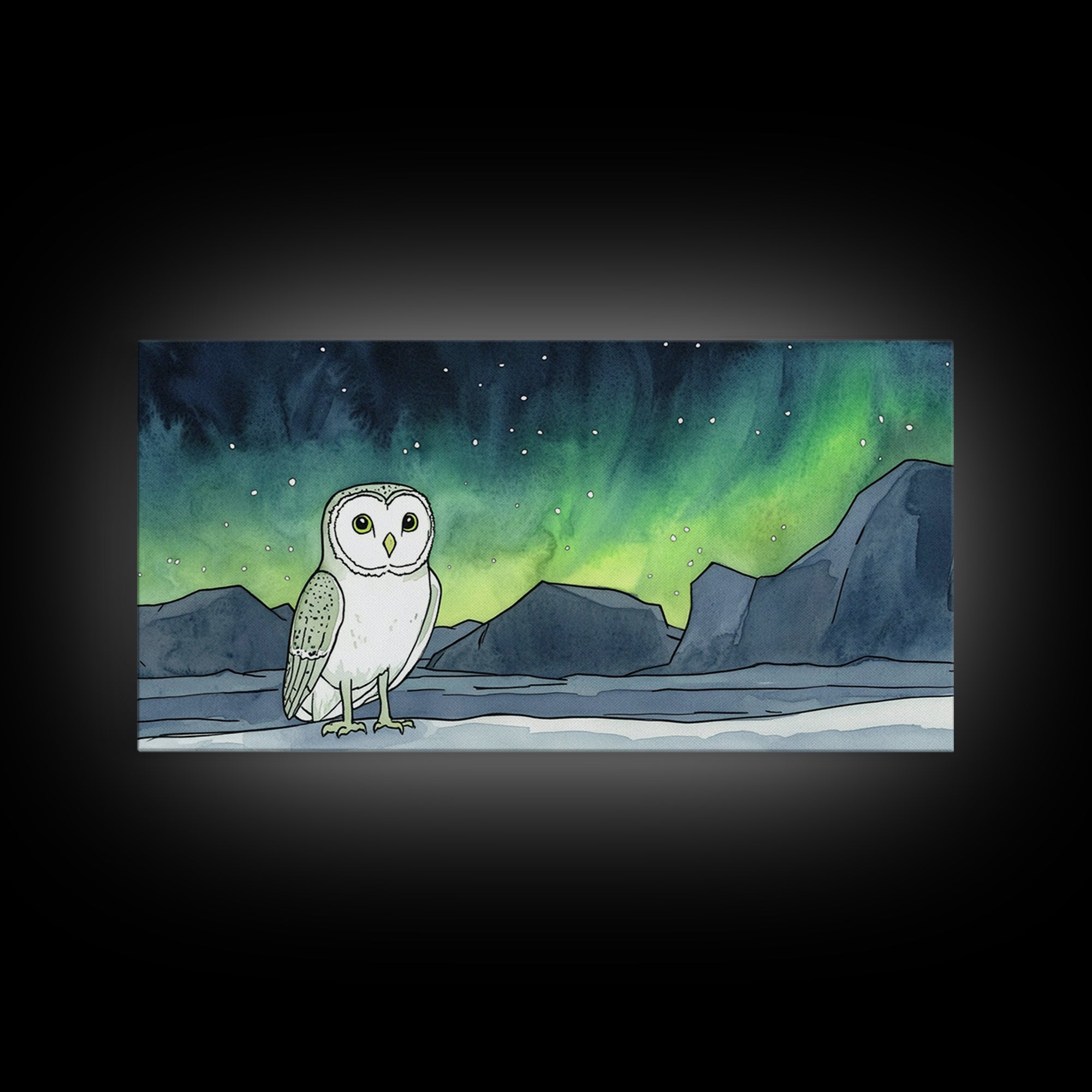 Snowy Owl Under Aurora Borealis Wall Art, Arctic Landscape Canvas Print, Wildlife Nursery Decor, Northern Lights Gift For Bird Lover