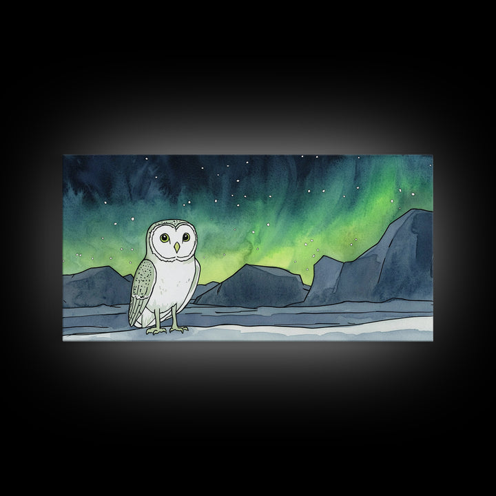 Snowy Owl Under Aurora Borealis Wall Art, Arctic Landscape Canvas Print, Wildlife Nursery Decor, Northern Lights Gift For Bird Lover