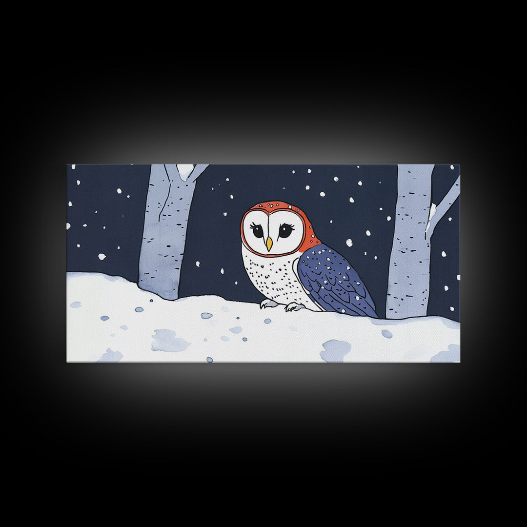 Cute Red And Blue Owl In Snow Wall Art, Woodland Nursery Decor, Whimsical Bird Print, Winter Animal Canvas For Kids Room