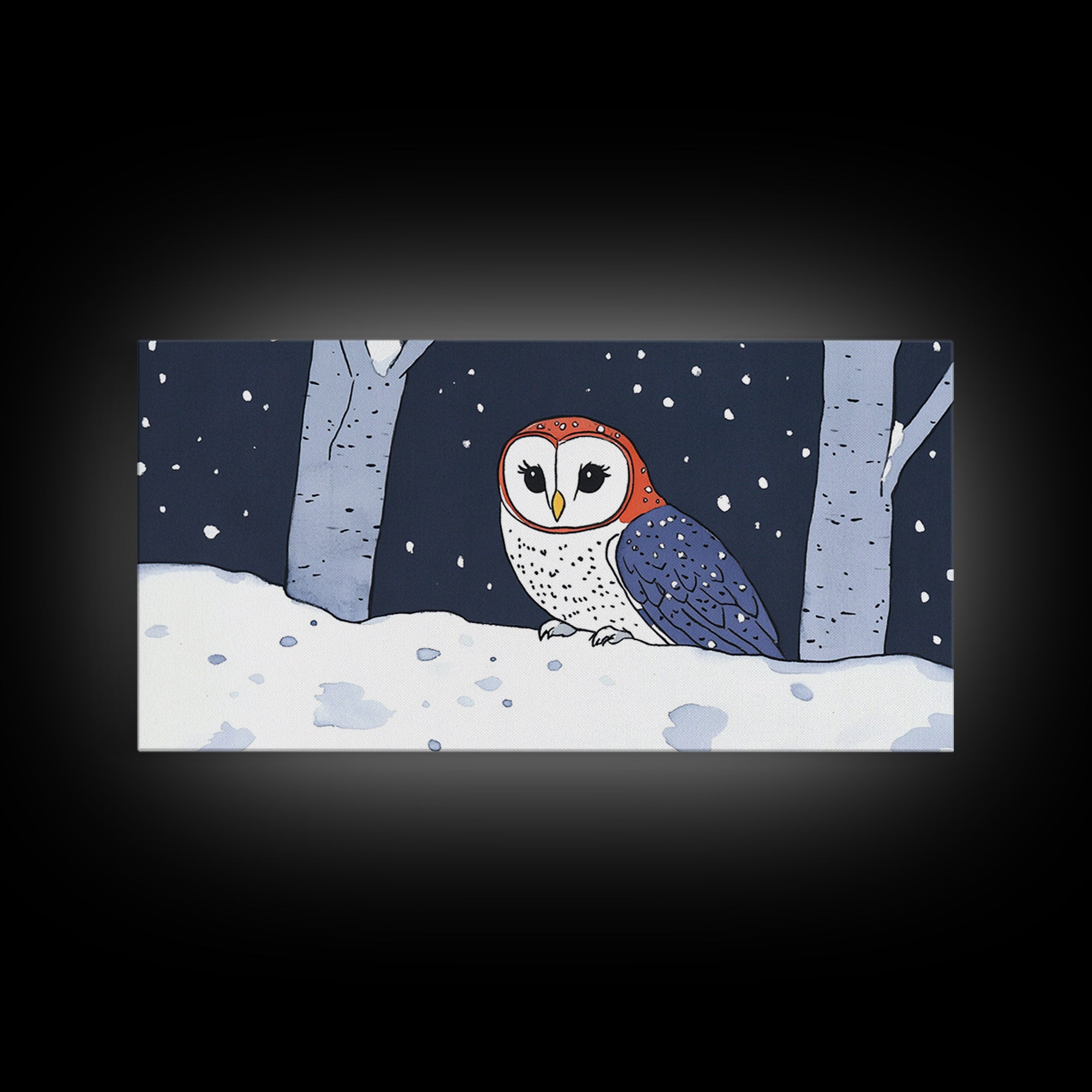 Cute Red And Blue Owl In Snow Wall Art, Woodland Nursery Decor, Whimsical Bird Print, Winter Animal Canvas For Kids Room
