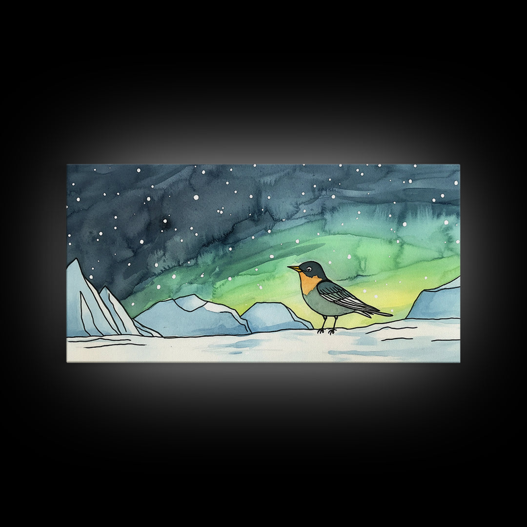 Tiny Penguin Under Northern Lights Wall Art, Arctic Ocean Canvas Print, Whimsical Nursery Decor, Winter Animal Gift For Kids Room