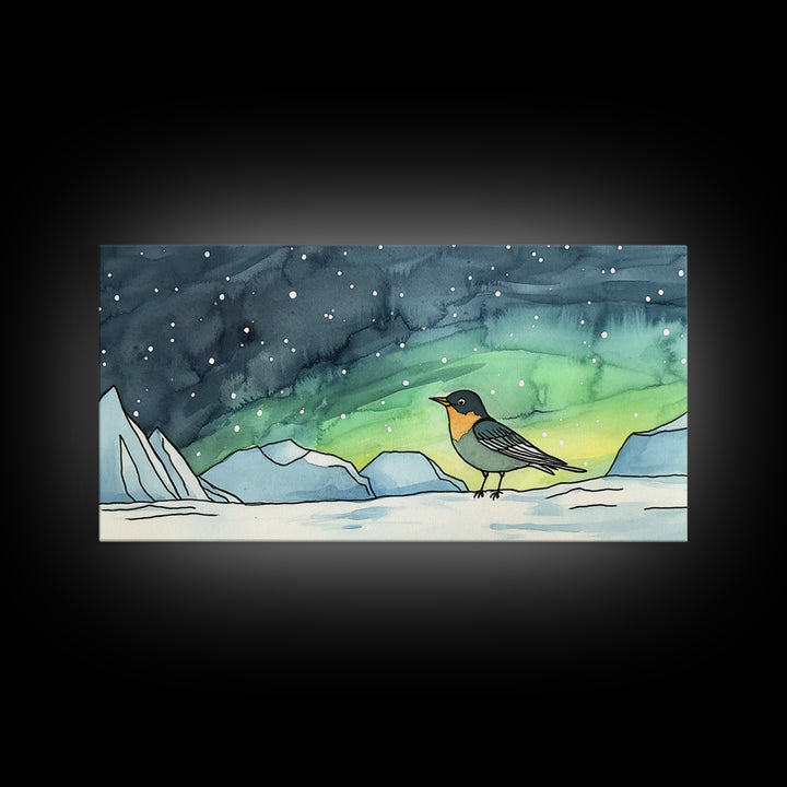 Tiny Penguin Under Northern Lights Wall Art, Arctic Ocean Canvas Print, Whimsical Nursery Decor, Winter Animal Gift For Kids Room