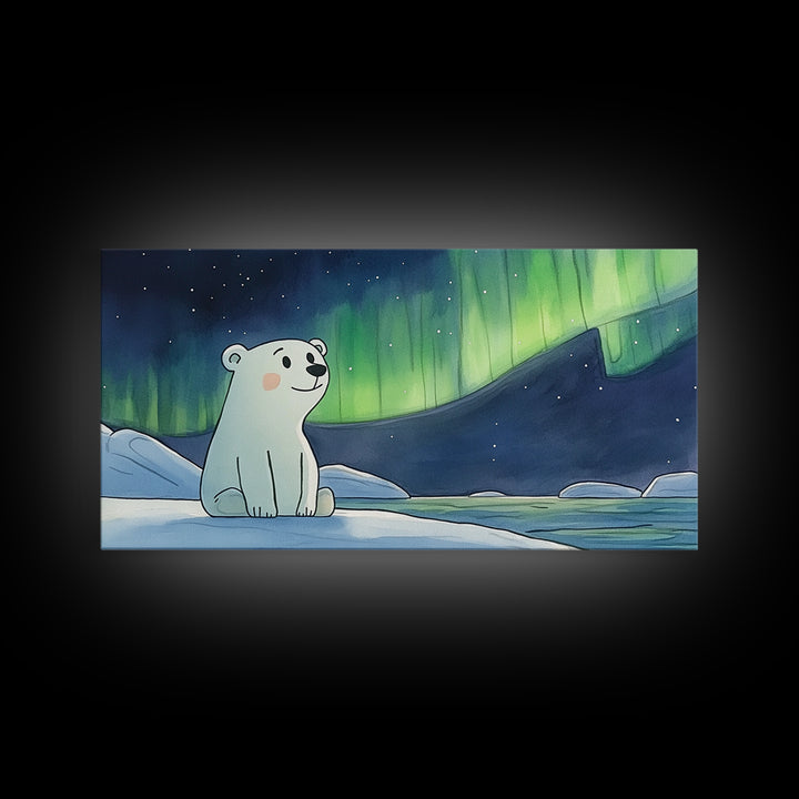 Smiling Polar Bear Under Northern Lights Canvas Print, Whimsical Arctic Nursery Decor, Kids Room Wall Art, Baby Shower Gift
