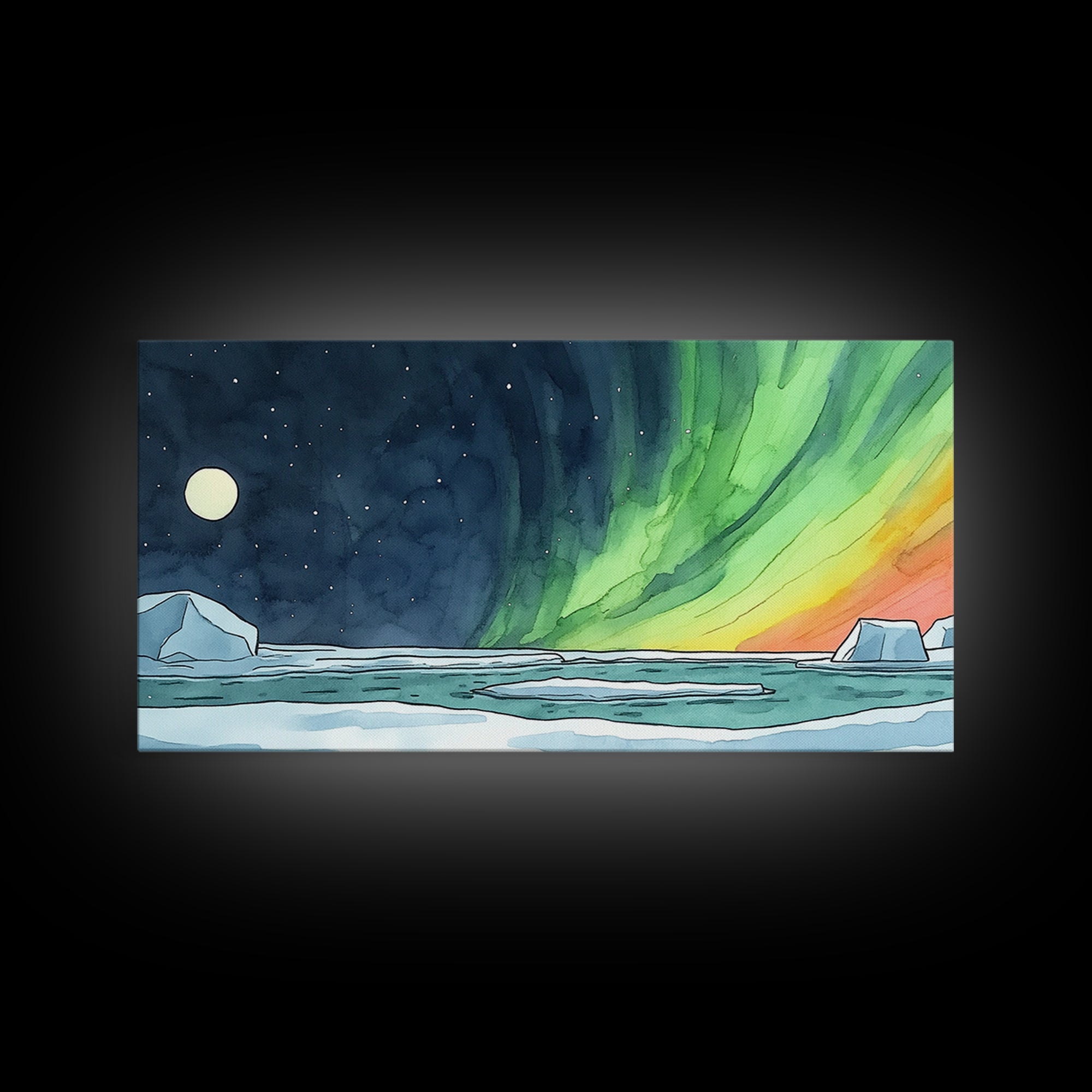 Aurora Borealis Over Icy Ocean Wall Art, Arctic Landscape Print, Celestial Night Sky Decor, Coastal Living Room Wall Art
