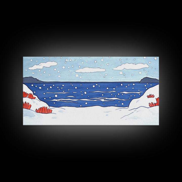 Snowy Winter Ocean With Red Grass Wall Art, Minimal Coastal Landscape Print, Scandinavian Nursery Decor, Beach House Wall Decor