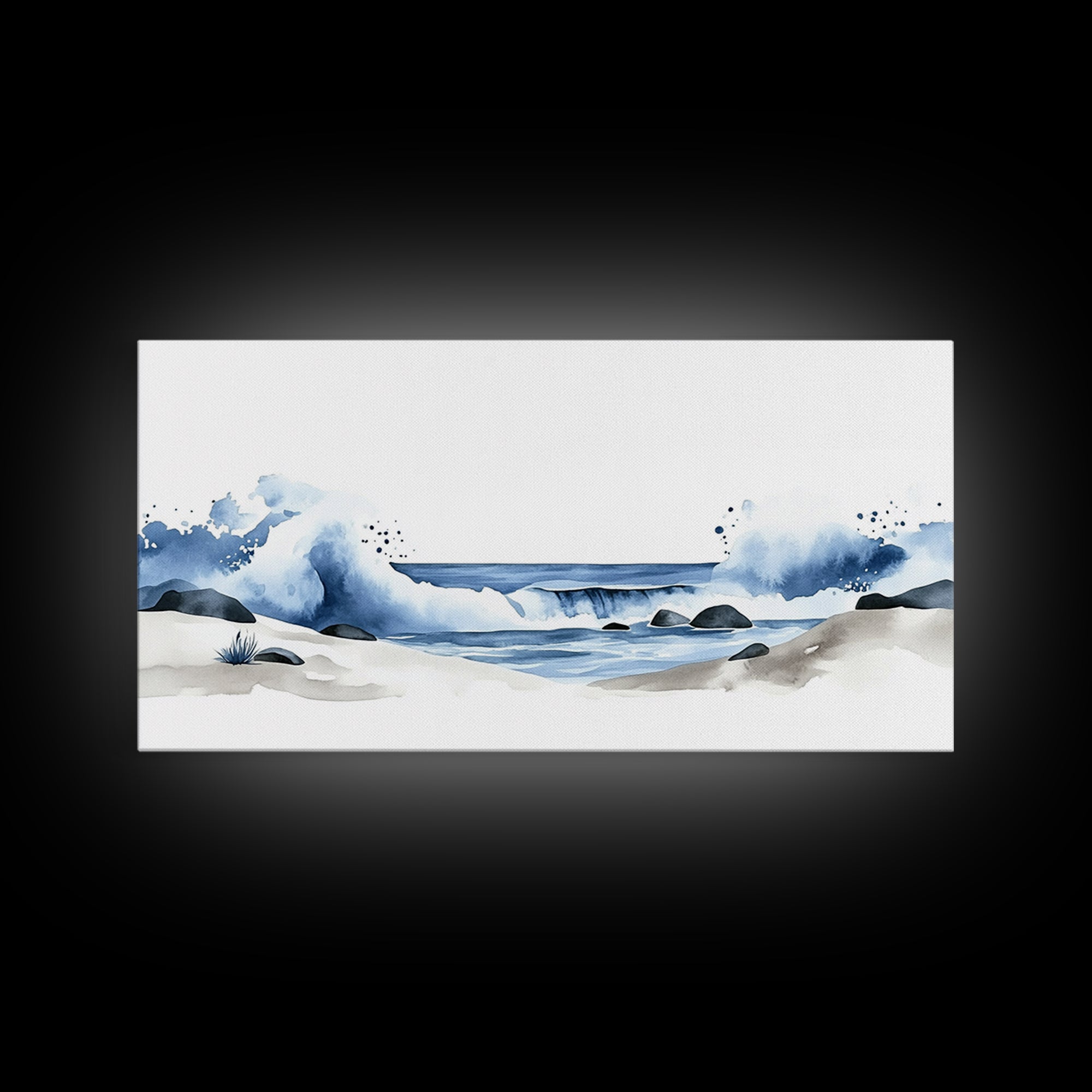 Crashing Blue Waves On Sandy Shore Canvas Print, Minimalist Ocean Wall Art, Coastal Bathroom Decor, Beach House Art Print