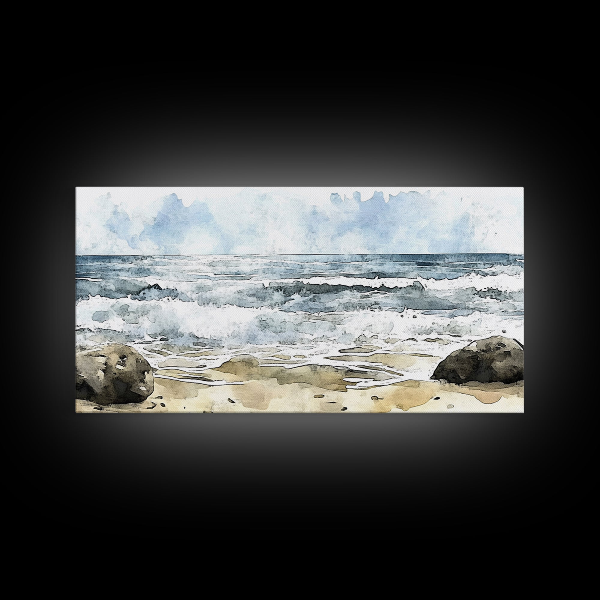 Rocky Surf And Foamy Tide Wall Art, Watercolor Ocean Painting Print, Nautical Coastal Decor, Beach House Living Room Art
