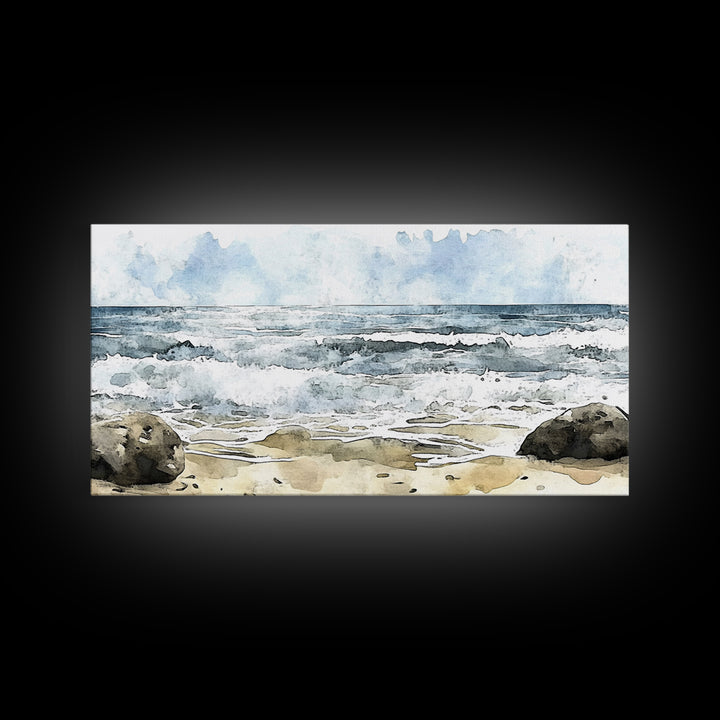 Rocky Surf And Foamy Tide Wall Art, Watercolor Ocean Painting Print, Nautical Coastal Decor, Beach House Living Room Art