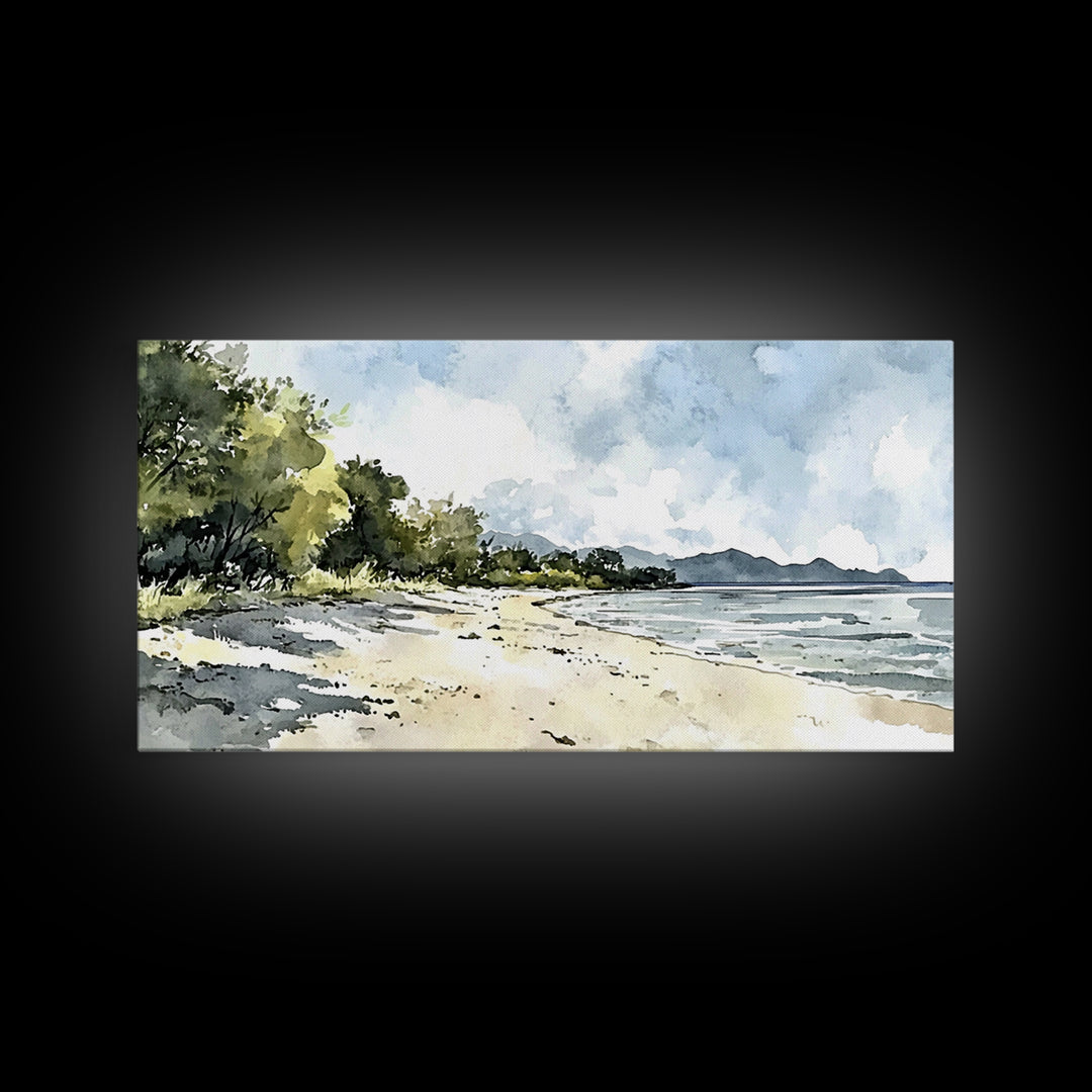 Sunny Tropical Beach With Trees Canvas Print, Coastal Landscape Wall Art, Watercolor Ocean Decor, Beach House Living Room Print