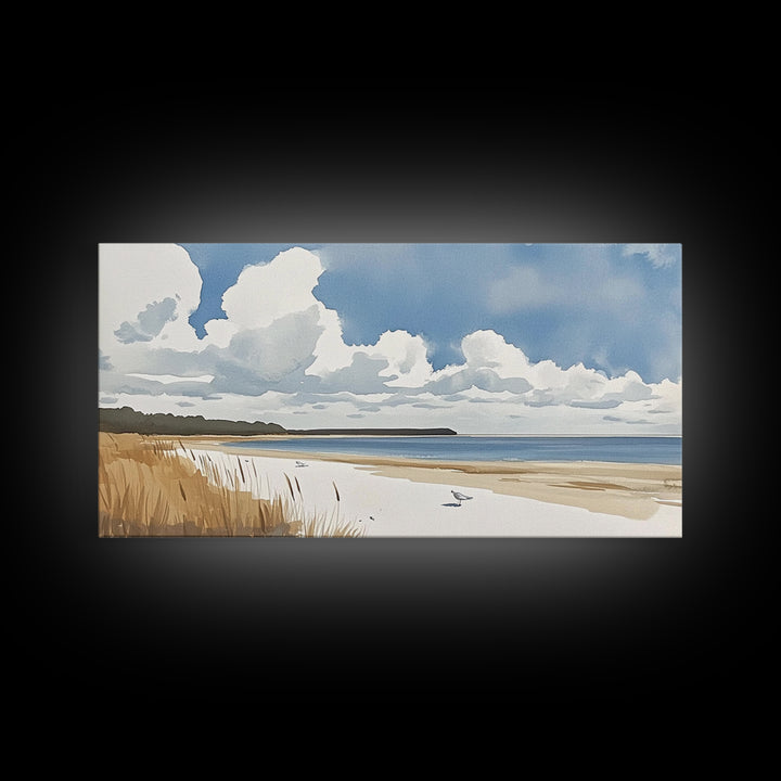 Open Sandy Beach With Big Clouds Wall Art, Soft Watercolor Seascape Print, Neutral Coastal Decor, Above Sofa Living Room Art