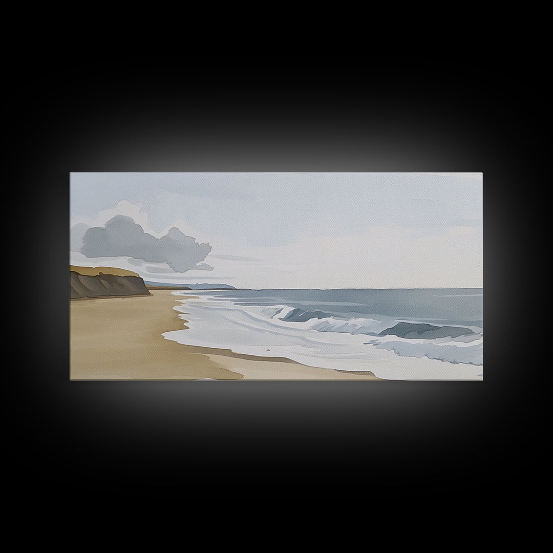 Quiet Shoreline With Rolling Waves Canvas Print, Minimalist Coastal Wall Art, Serene Beach Decor, Neutral Living Room Wall Art