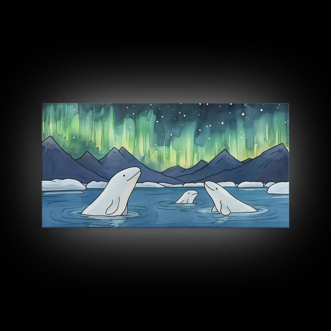 Beluga Whales Under Aurora Framed Canvas Print, Arctic Ocean Wildlife Wall Art, Nursery Decor, Kids Room Animal Art Prints