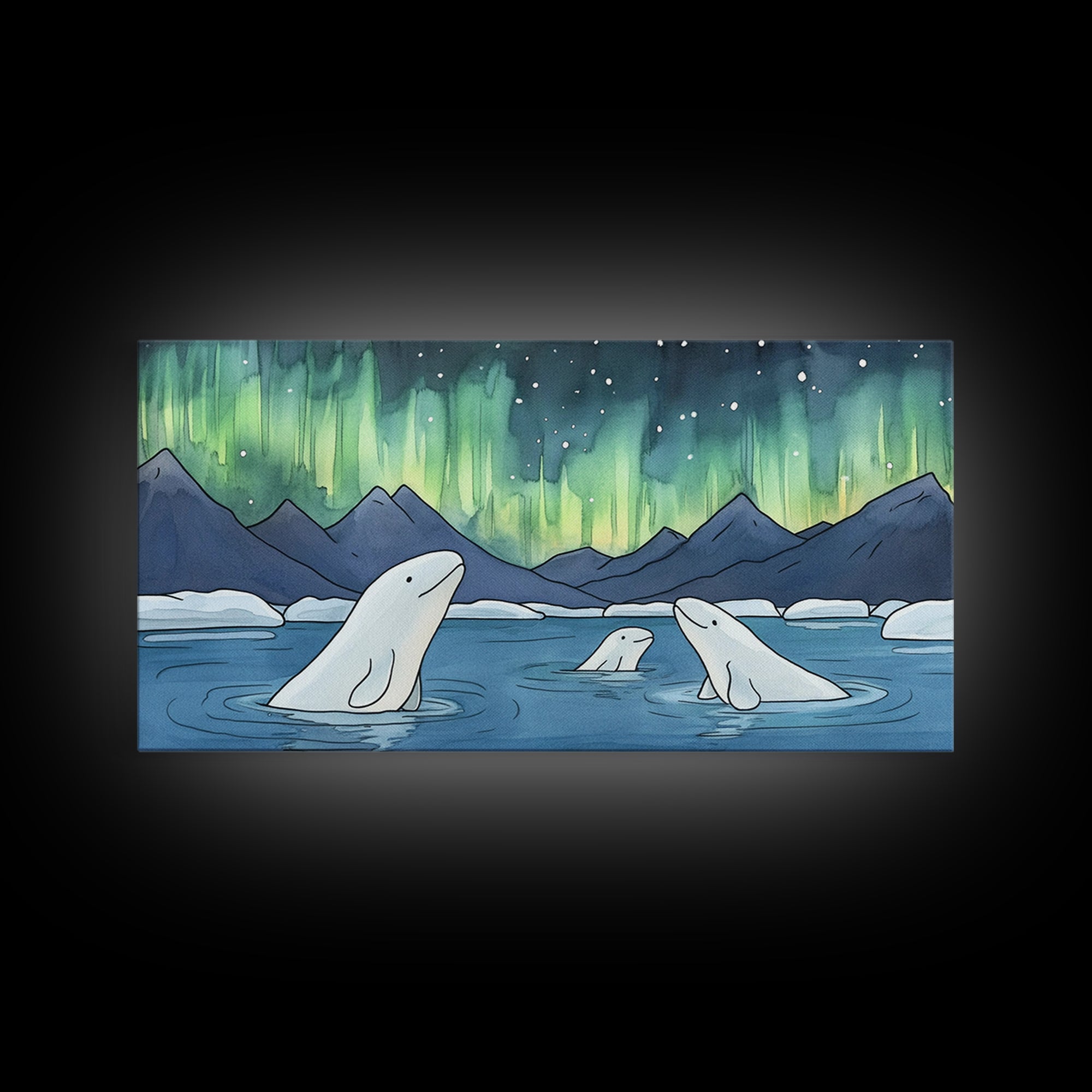 Beluga Whales Under Aurora Framed Canvas Print, Arctic Ocean Wildlife Wall Art, Nursery Decor, Kids Room Animal Art Prints