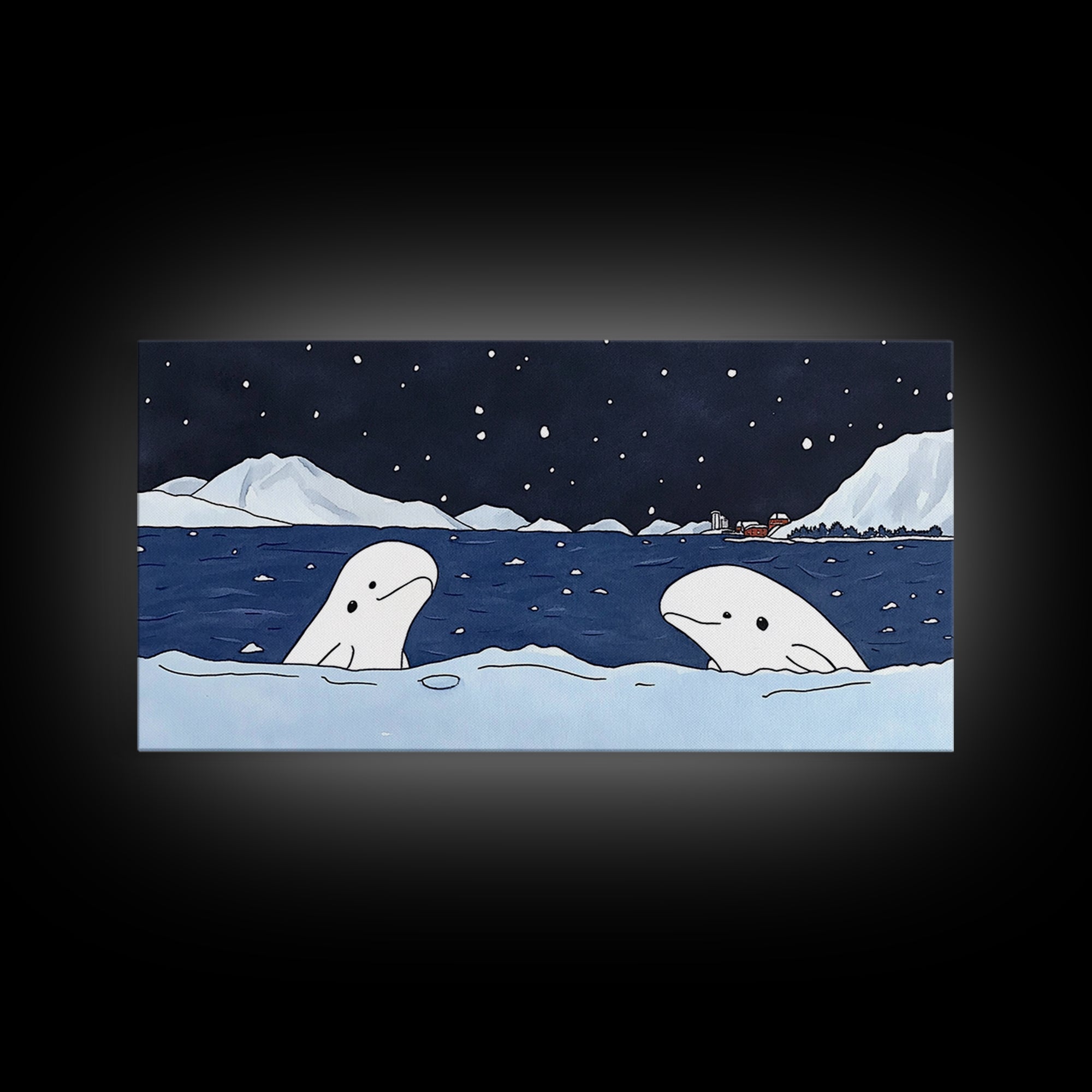 Two Beluga Whales In Icy Bay Wall Art, Arctic Ocean Watercolor Painting, Coastal Nursery Decor, Winter Wildlife Print Gift