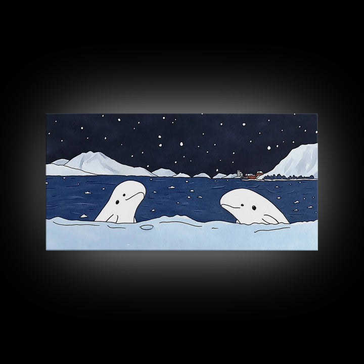 Two Beluga Whales In Icy Bay Wall Art, Arctic Ocean Watercolor Painting, Coastal Nursery Decor, Winter Wildlife Print Gift