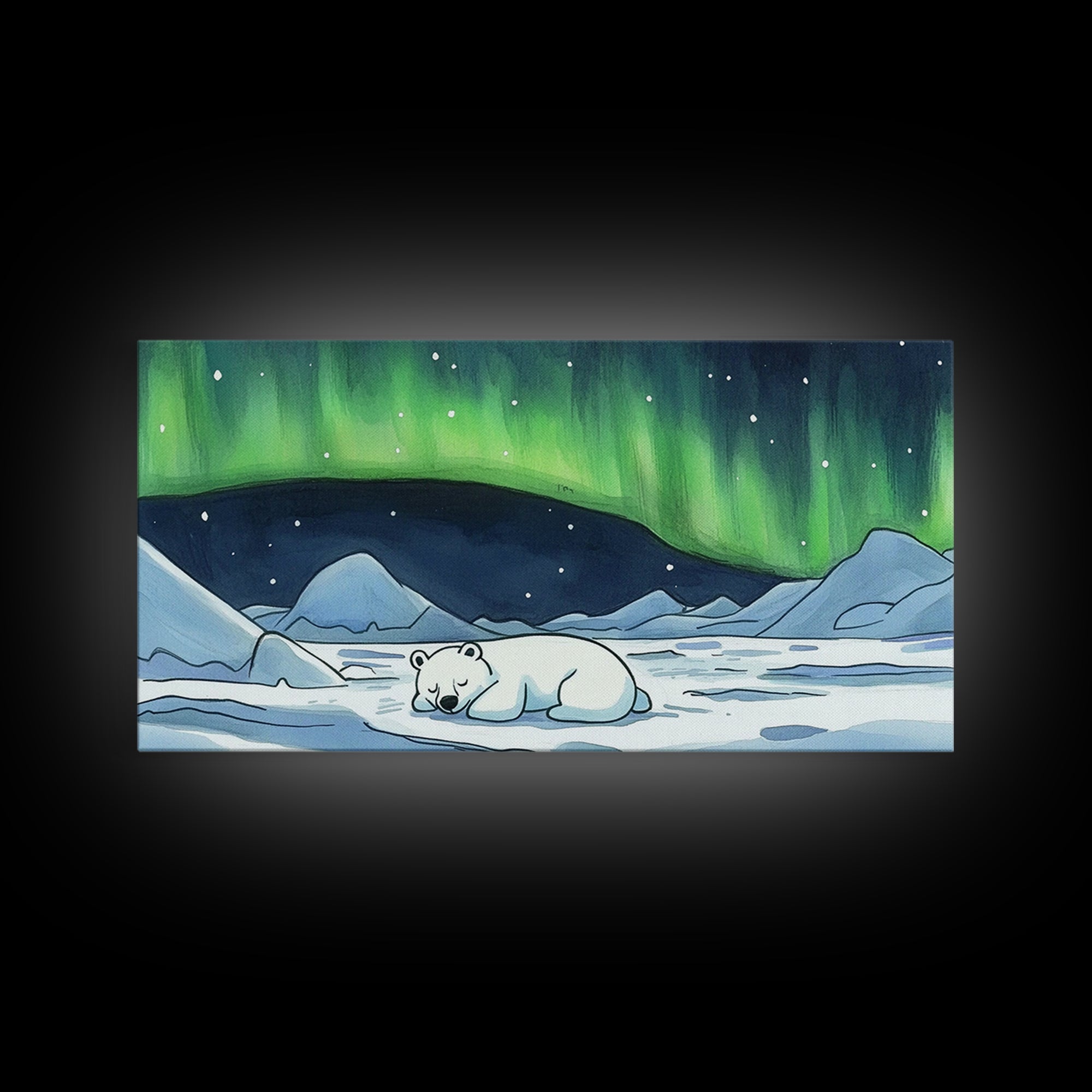 Polar Bear Under Green Aurora Wall Art, Arctic Animal Nursery Decor, Winter Landscape Art Print, Kids Room Decor Baby Gift