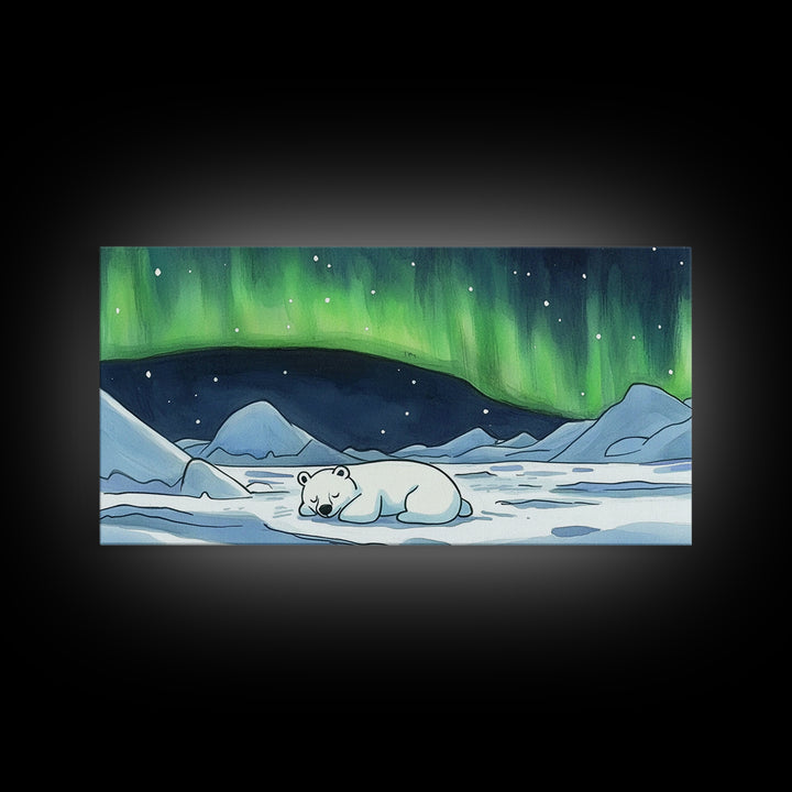 Polar Bear Under Green Aurora Wall Art, Arctic Animal Nursery Decor, Winter Landscape Art Print, Kids Room Decor Baby Gift