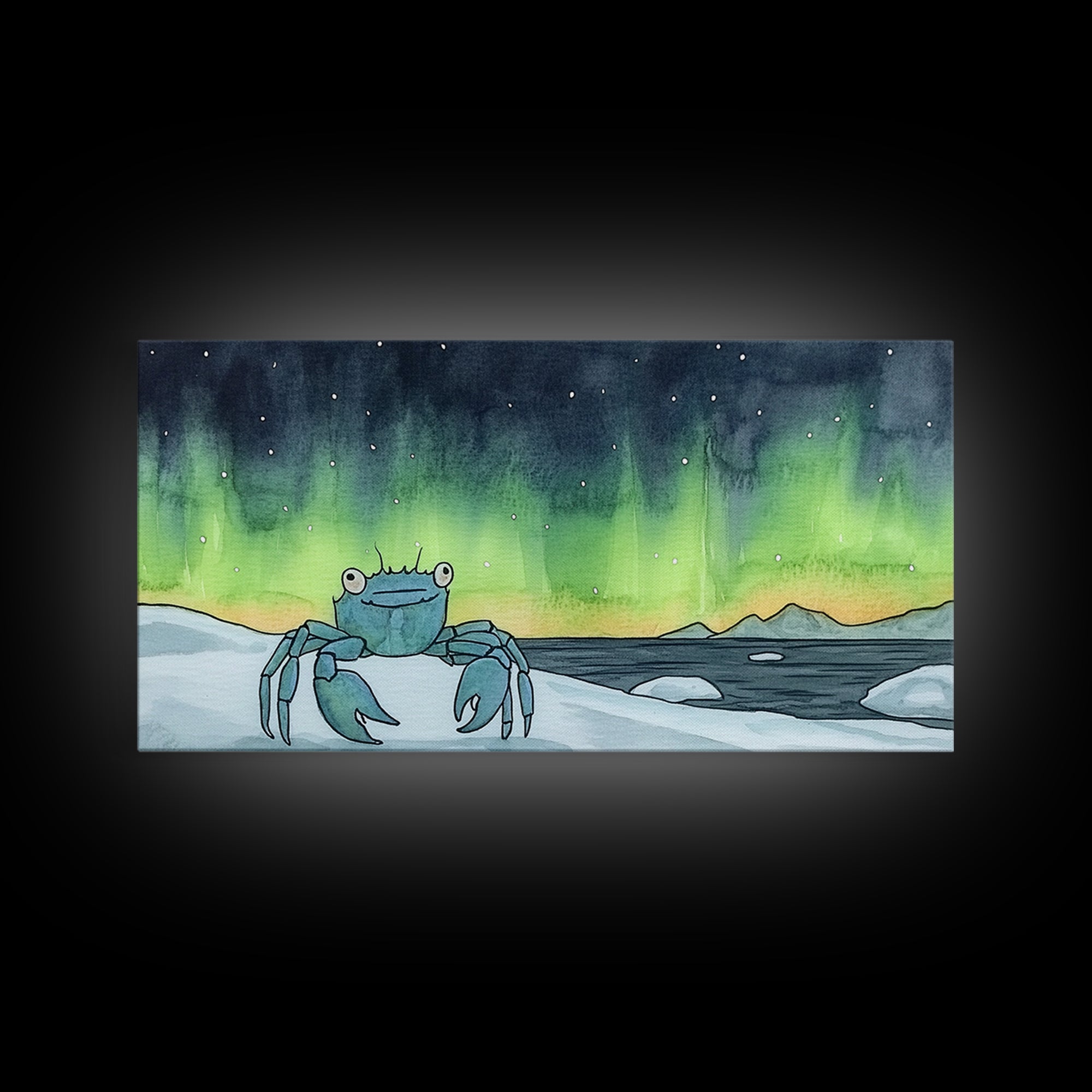 Blue Crab Under Green Aurora Wall Art, Coastal Animal Print, Ocean Nursery Decor, Whimsical Bathroom Wall Decor Gift For Her