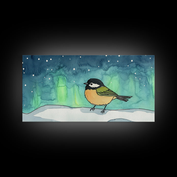 Chickadee Under Northern Lights Wall Art, Whimsical Bird Art Print, Celestial Nursery Decor, Kids Room Decor, Winter Wall Art