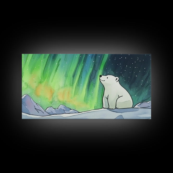 Polar Bear Beneath Aurora Framed Canvas Print, Arctic Animal Wall Art, Celestial Nature Decor, Kids Room Art, Nursery Wall Art