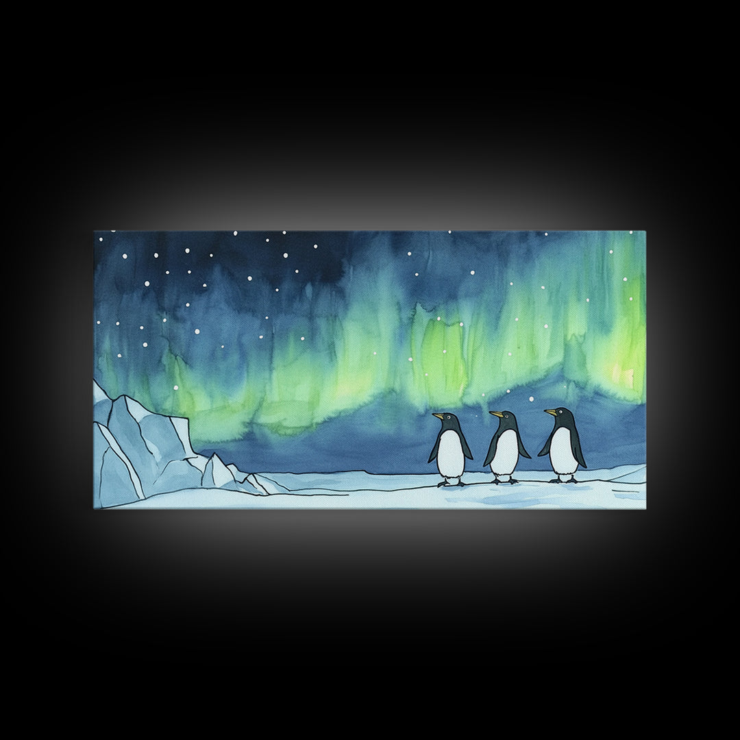 Penguins Walking Under Aurora Canvas Print, Arctic Animal Wall Art, Whimsical Nursery Decor, Kids Room Art, Coastal Wall Decor