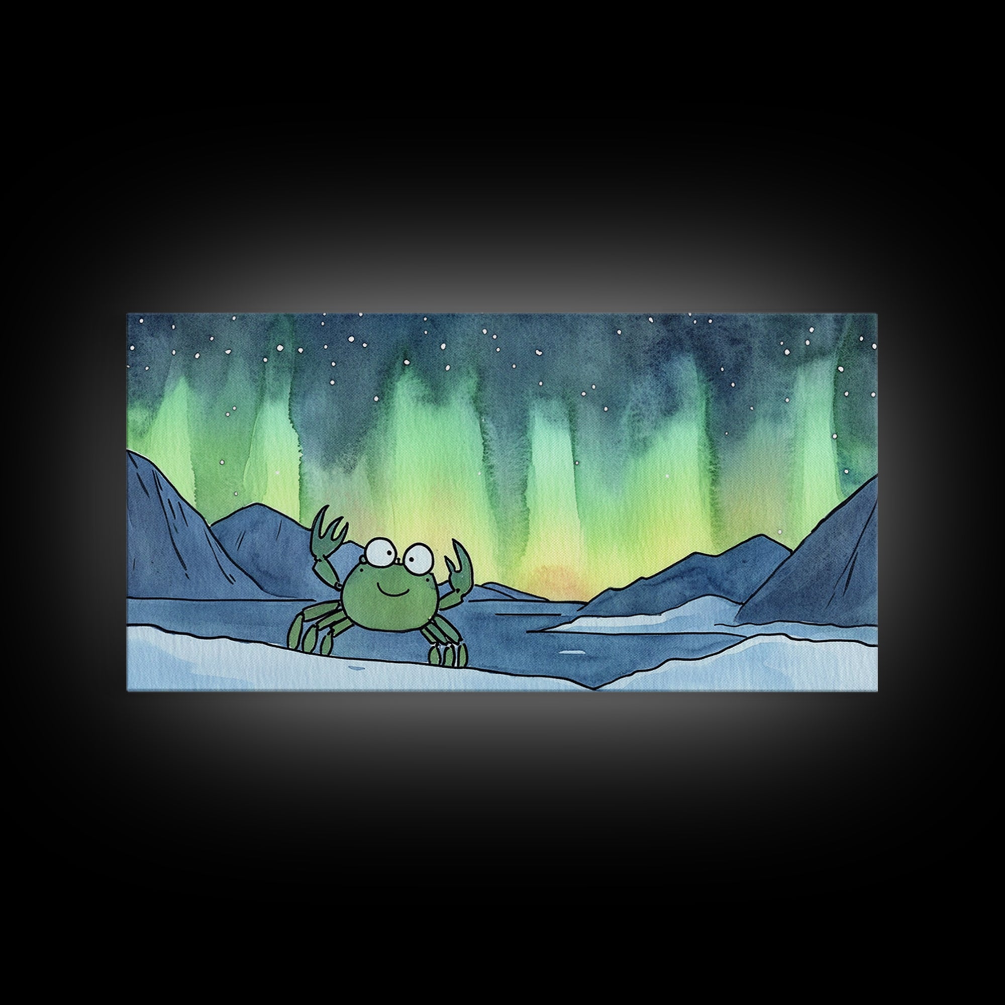 Cheerful Crab Under Northern Lights Wall Art, Whimsical Ocean Art Print, Coastal Nursery Decor, Kids Room Decor, Animal Wall Art