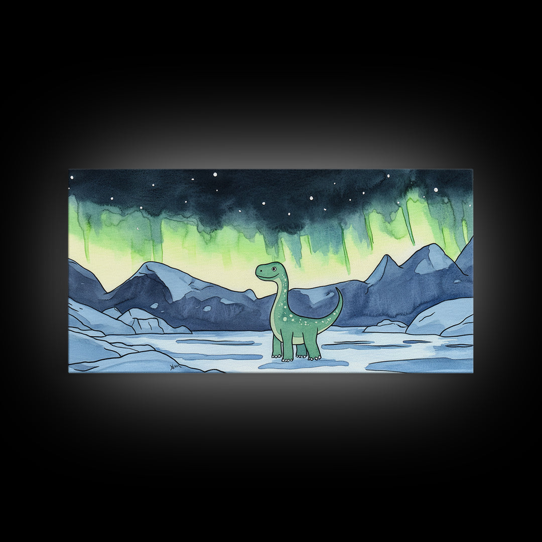 Friendly Loch Ness Dinosaur Under Aurora Wall Art, Whimsical Fantasy Art Print, Kids Room Decor, Nursery Wall Art, Lake Wall Art