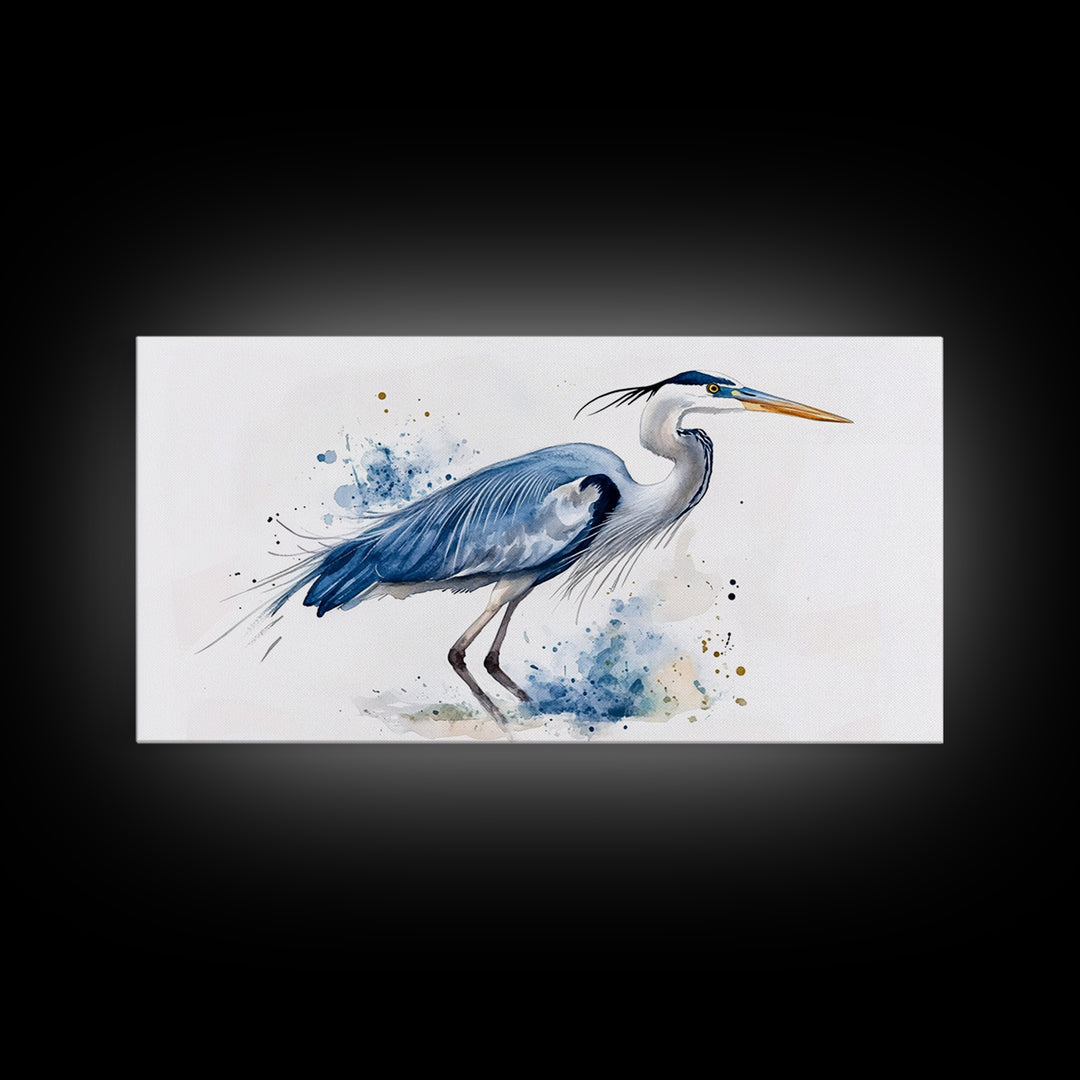 Blue Heron Watercolor Canvas Print, Elegant Coastal Bird Wall Art, Nautical Wildlife Decor, Beach House Living Room Art Print