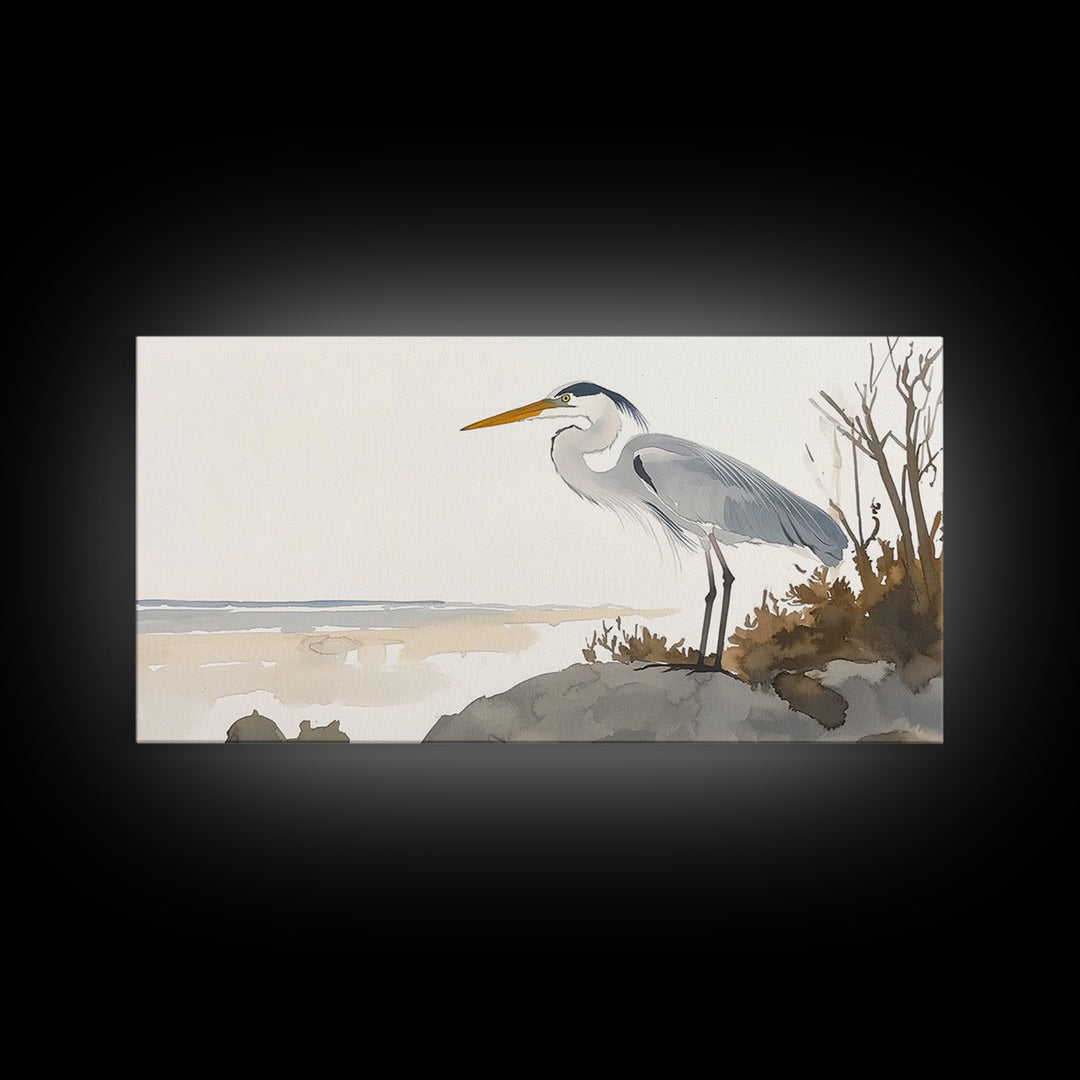 Coastal Great Blue Heron Wall Art, Serene Beach Landscape Watercolor, Nautical Bird Print, Beach House Living Room Decor