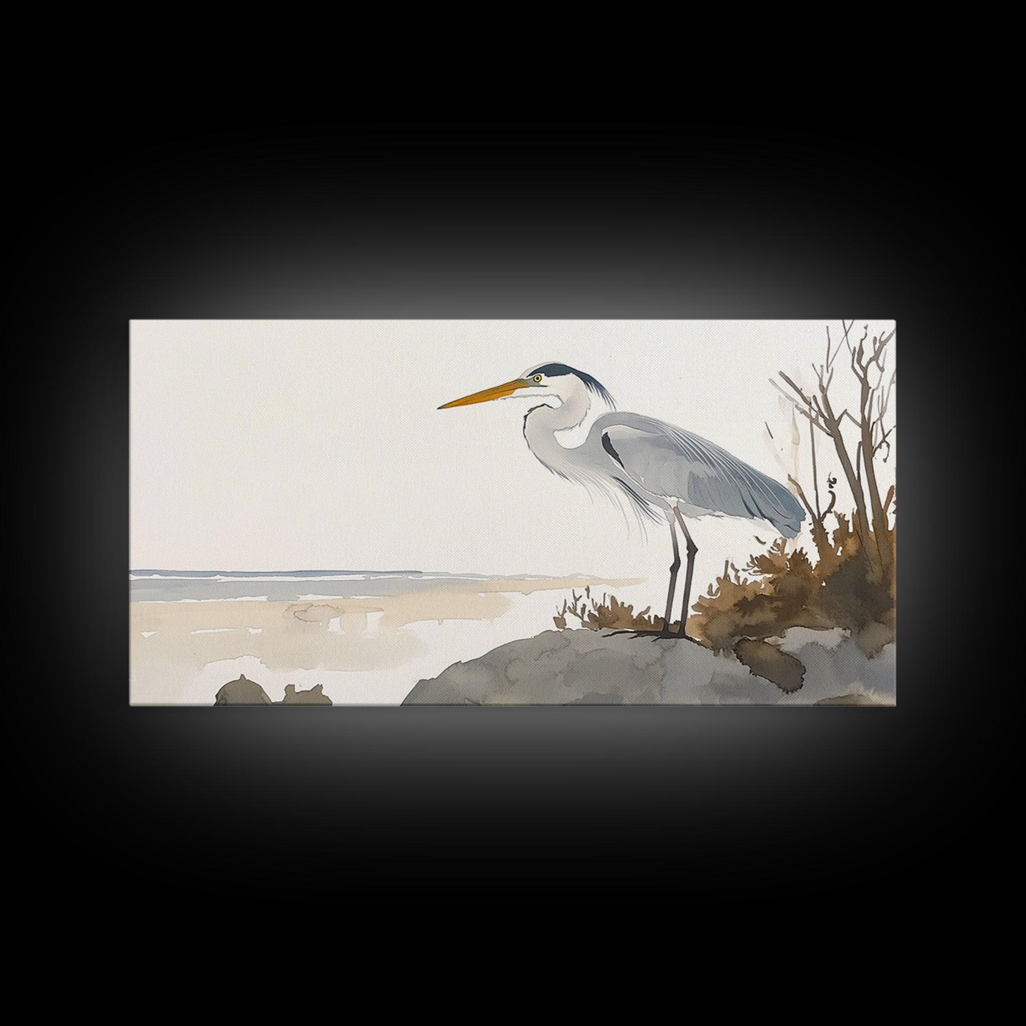 Coastal Great Blue Heron Wall Art, Serene Beach Landscape Watercolor, Nautical Bird Print, Beach House Living Room Decor