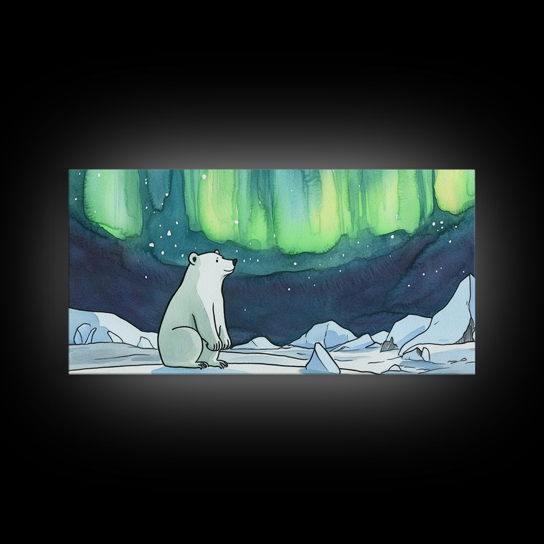 Polar Bear Northern Lights Canvas Print, Arctic Wildlife Wall Art, Aurora Borealis Nursery Decor, Whimsical Kids Room Gift
