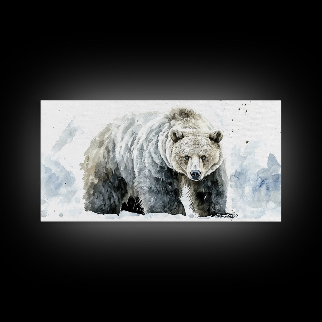 Snowy Grizzly Bear Canvas Print, Winter Wildlife Wall Art, Rustic Mountain Animal Decor, Lodge Cabin Living Room Gift For Him