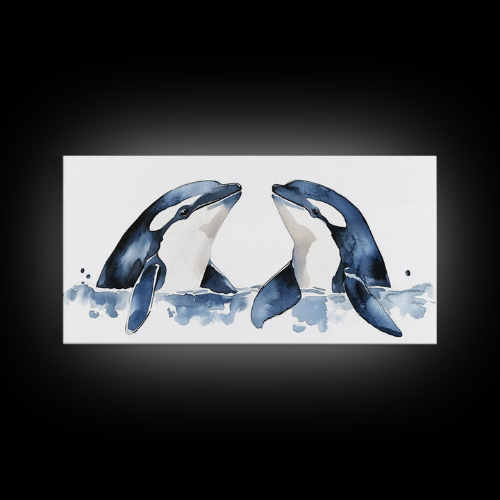 Two Orca Whales Rising From Blue Water Canvas Print, Minimalist Ocean Animal Wall Art, Coastal Nursery Decor, Gift For Her