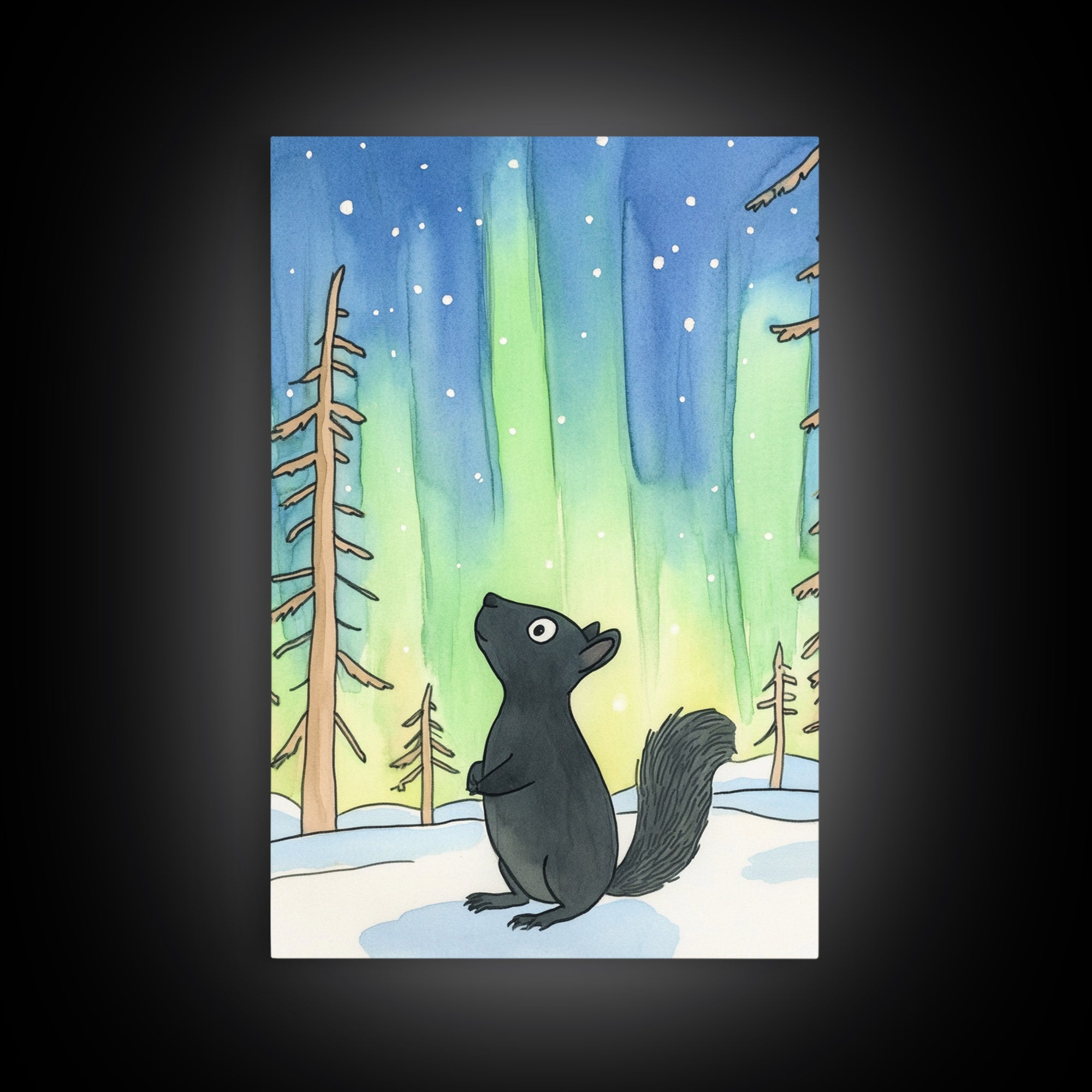 Whimsical Black Squirrel Aurora Wall Art, Northern Lights Nursery Decor, Woodland Animal Print, Winter Forest Kids Room Art
