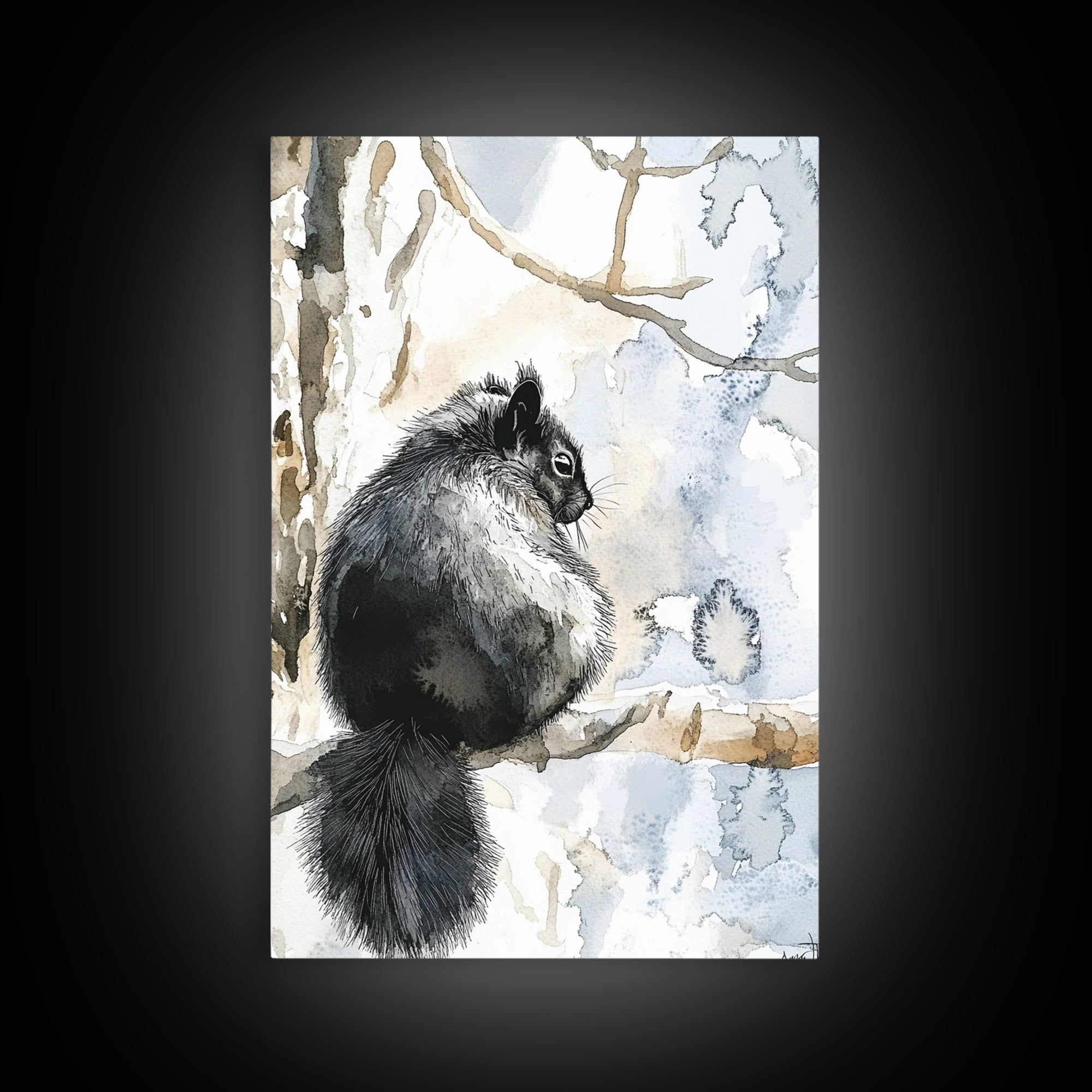 Black Squirrel Winter Branch Wall Art, Watercolor Wildlife Print, Rustic Nature Decor, Woodland Animal Art, Cabin Poster