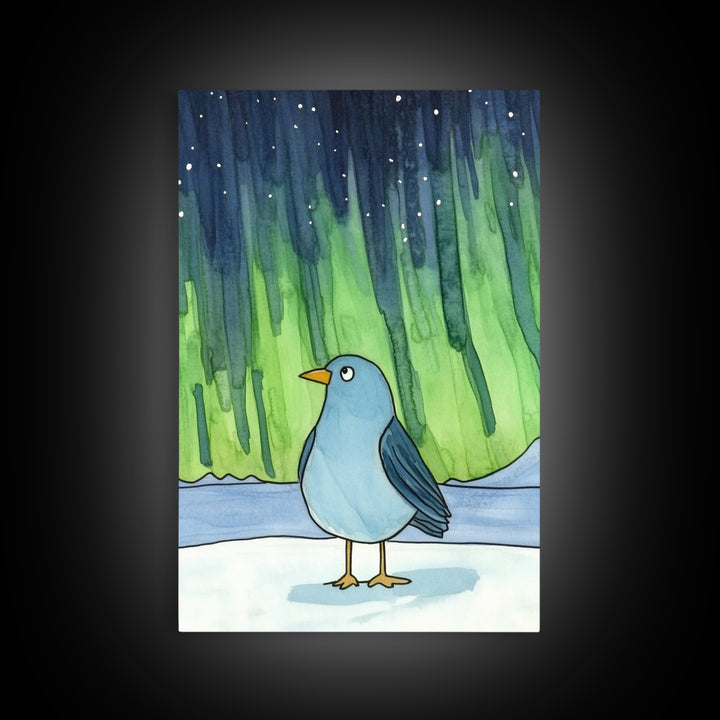 Whimsical Blue Bird Aurora Wall Art, Northern Lights Winter Decor, Nursery Animal Print, Kids Room Art, Celestial Poster