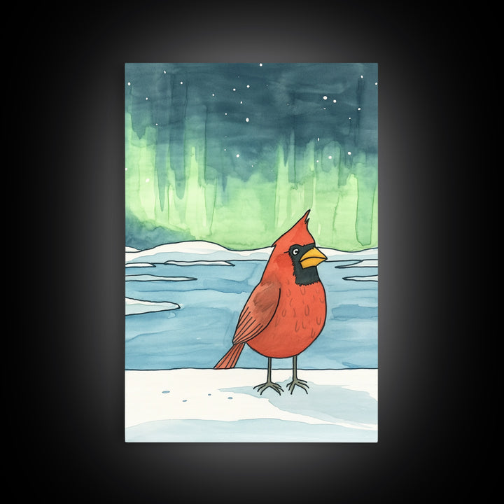 Cardinal Under Northern Lights Canvas Print, Winter Landscape Wall Art, Bird Art Print, Cozy Cabin Decor, Christmas Gift For Her