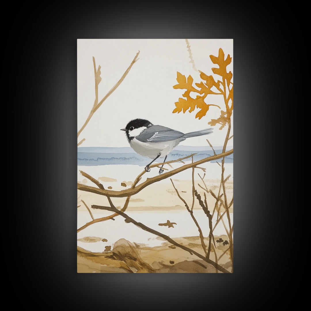 Coastal Chickadee On Driftwood Branch Wall Art, Beach House Decor, Nautical Nature Print, Bird Art Print, Serene Seaside Decor