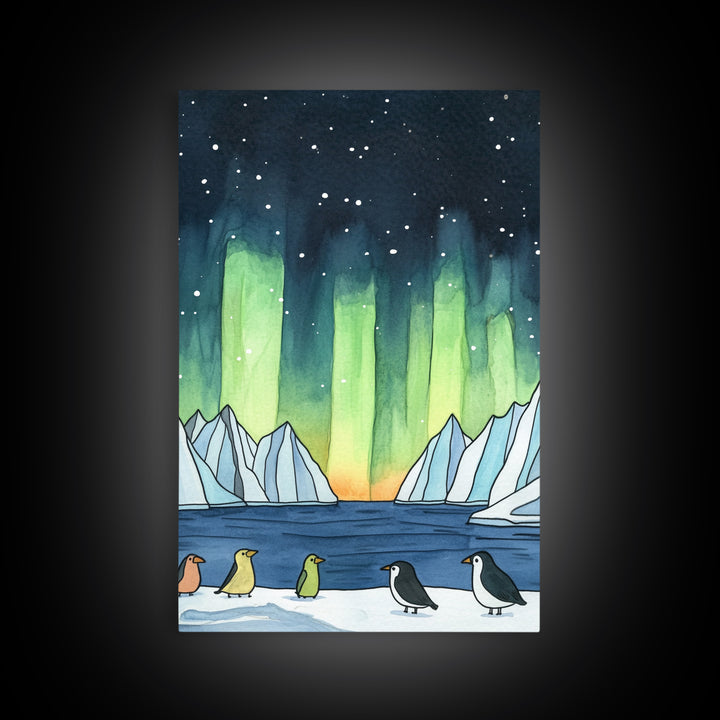 Penguins Under Northern Lights Canvas Print, Aurora Borealis Wall Decor, Arctic Animal Art, Kids Room Decor, Whimsical Nursery Art