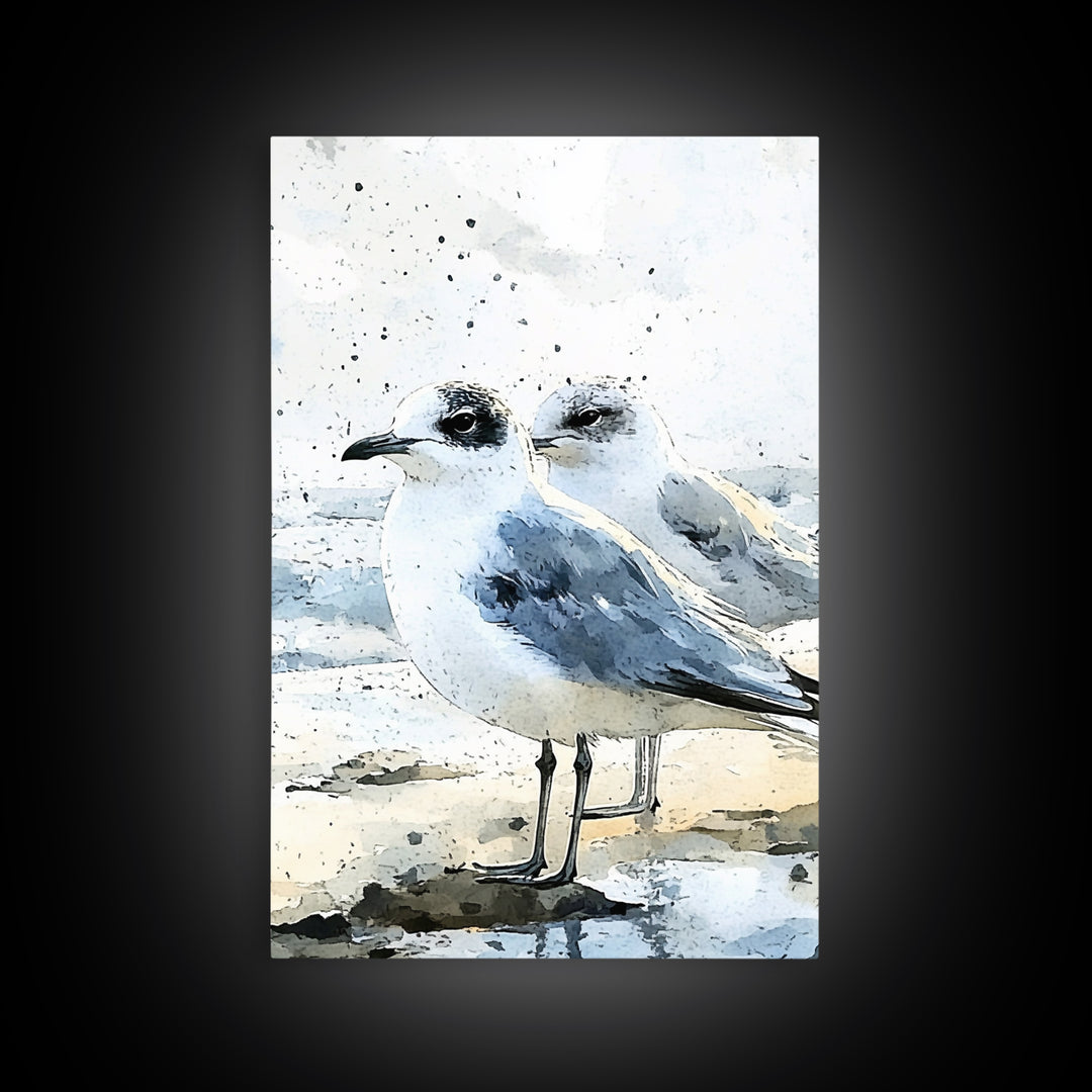 Two Seagulls On Sandy Beach Framed Canvas Print, Coastal Wall Art, Ocean Decor, Nautical Art Print, Beach House Decor Gift