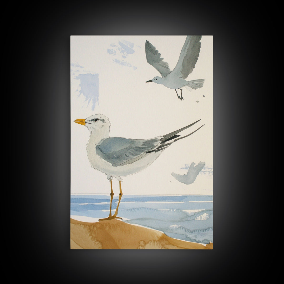Minimal Seagulls Above Ocean Dune Canvas Print, Coastal Wall Art, Beach House Decor, Nautical Bird Print, Serene Bathroom Decor