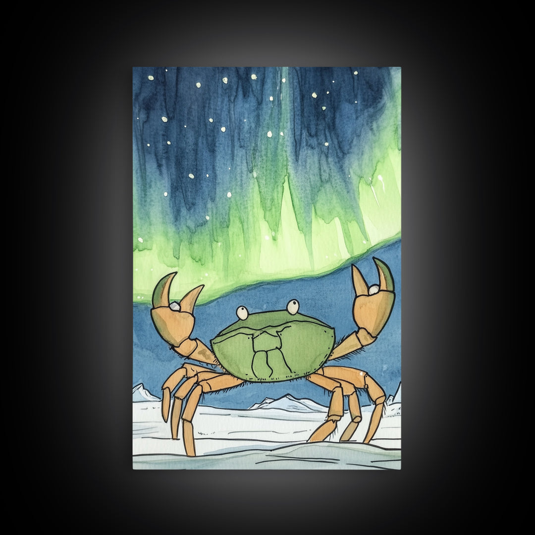 Whimsical Crab Under Northern Lights Wall Art, Coastal Animal Print, Ocean Nursery Decor, Kids Room Decor, Playful Beach House Art