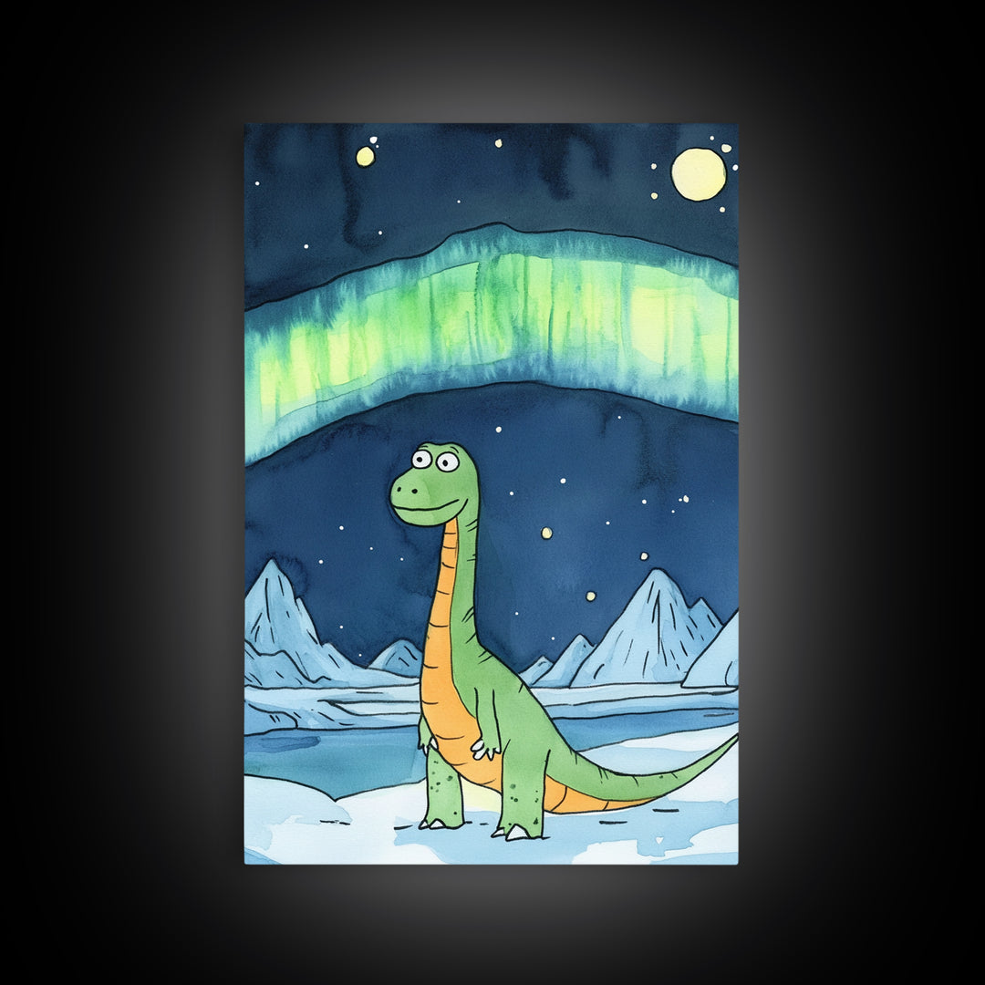Cute Green Dinosaur Under Northern Lights Wall Art, Whimsical Nursery Decor, Kids Room Art, Arctic Adventure Canvas Print