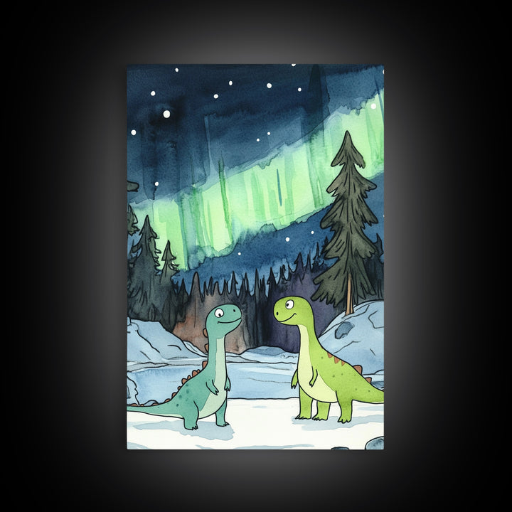 Two Smiling Dinosaurs In Snowy Forest Wall Art, Northern Lights Nursery Decor, Whimsical Kids Room Canvas Print, Baby Shower Gift