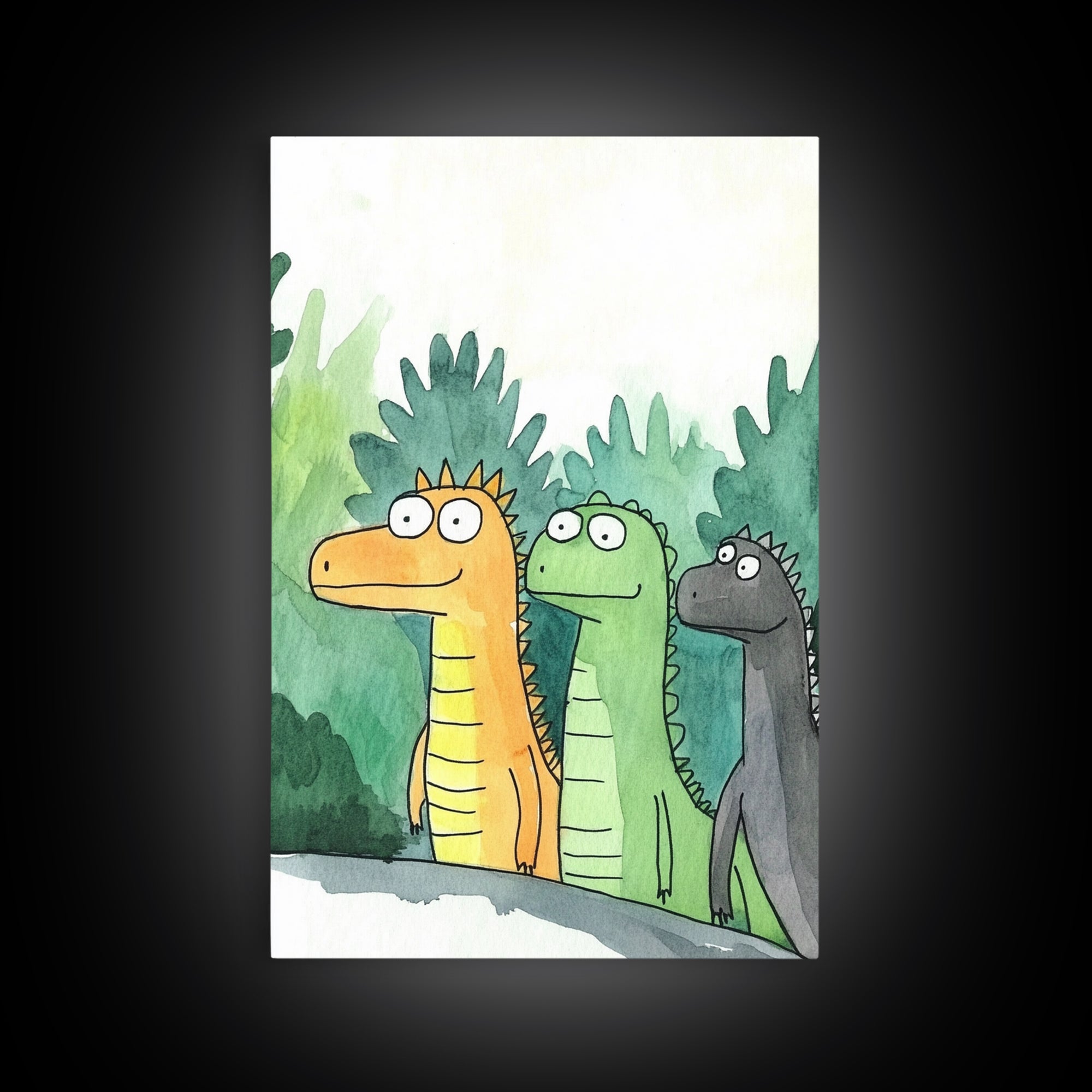 Three Cute Dinosaurs In Green Jungle Wall Art, Whimsical Animal Nursery Decor, Kids Room Art Print, Colorful Canvas Print